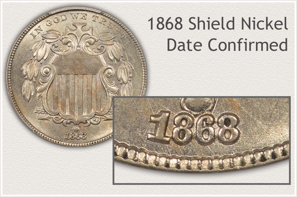 Close-Up View Identifies the Date and its Location on an 1868 Shield Nickel