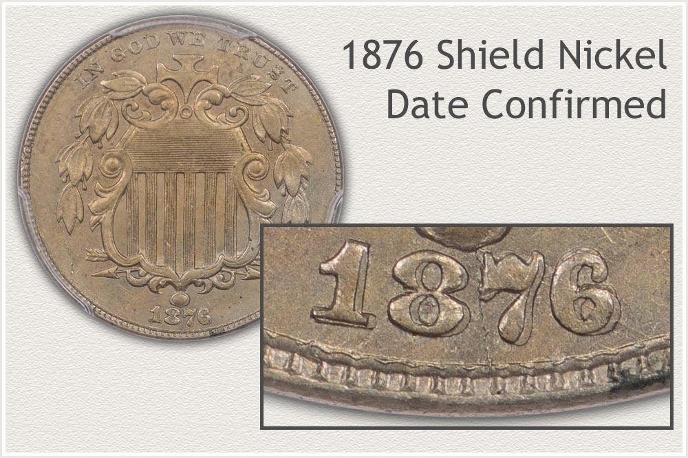 Full View of a Shield Nickel Pointing to Date Location and Close-Up View of the 1876 Date Nickel