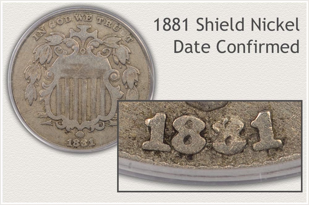 Close-Up View Identifies the Date and its Location on an 1881 Shield Nickel