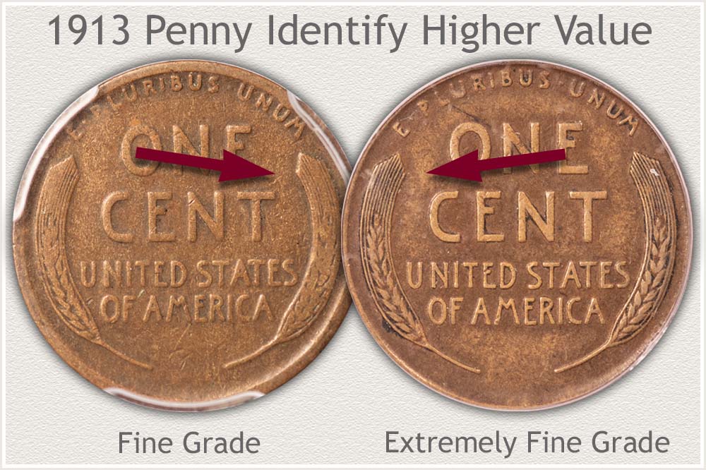 Reverse of 1913 Cent Fine Grade and Extremely Fine Grade
