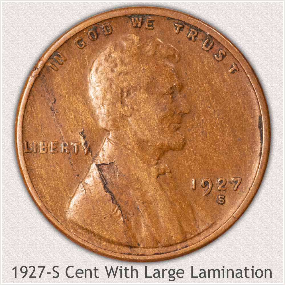 1927-S Cent with Large Lamination Strip on Obverse