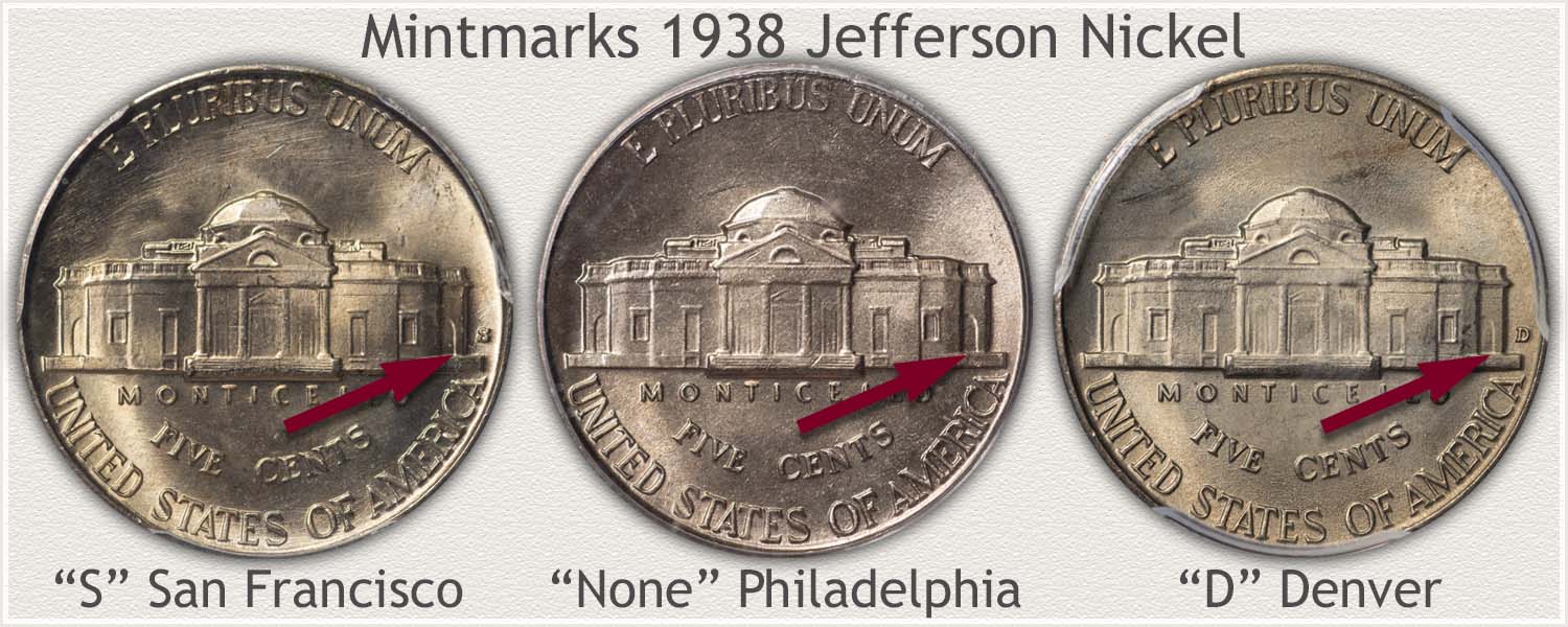 Mintmarks on Three 1938 Jefferson Nickels