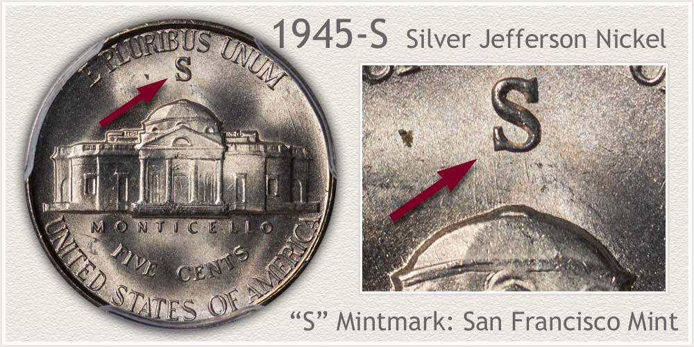 GOOD  Circulated San Francisco Mint 1945-S SILVER WAR NICKEL GRADE 