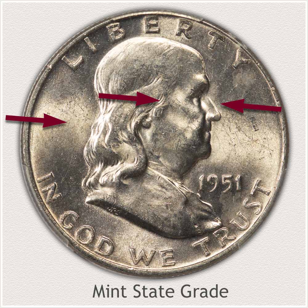 Obverse 1951 Franklin Half Dollar Showing Areas to Identify Mint State Grade 1951 Franklin Half Dollar Mint State Grade