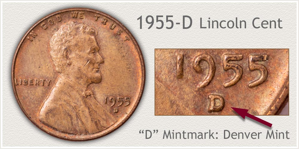 1955 D 1c Lincoln Wheat Cent Penny US Coin Average Circulated 
