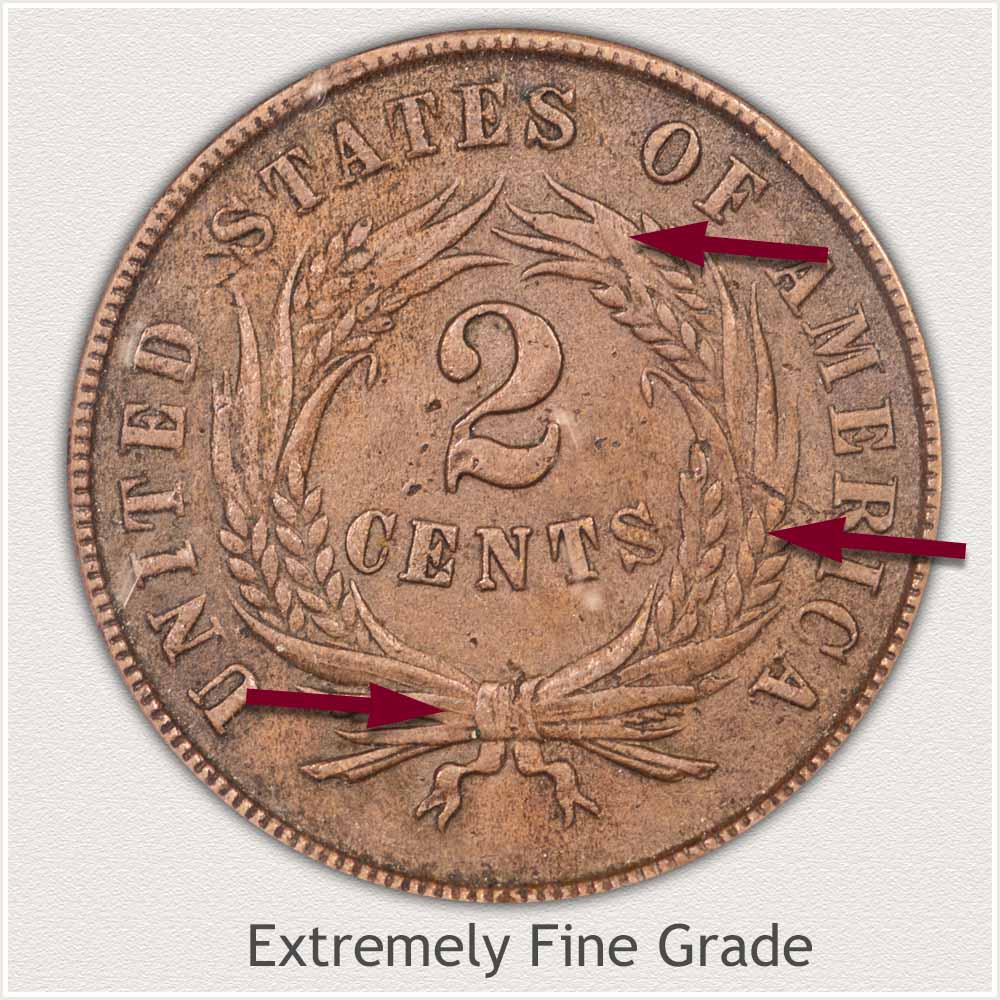Reverse View: Extremely Fine Grade Two Cent Coin