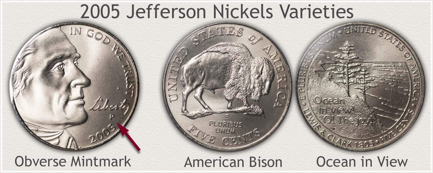 2005 Jefferson Nickel Varieties: American Bison and Ocean in View