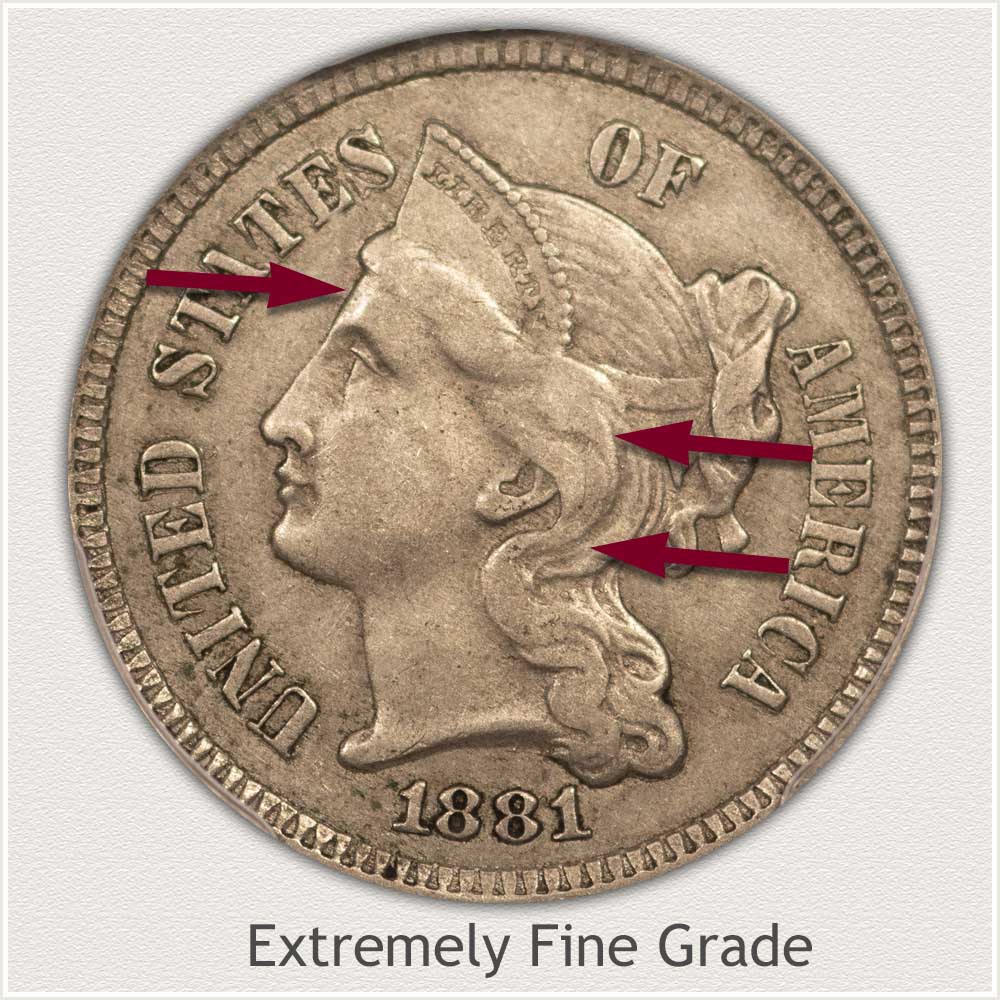 Obverse View: Extremely Fine Grade Three Cent Nickel