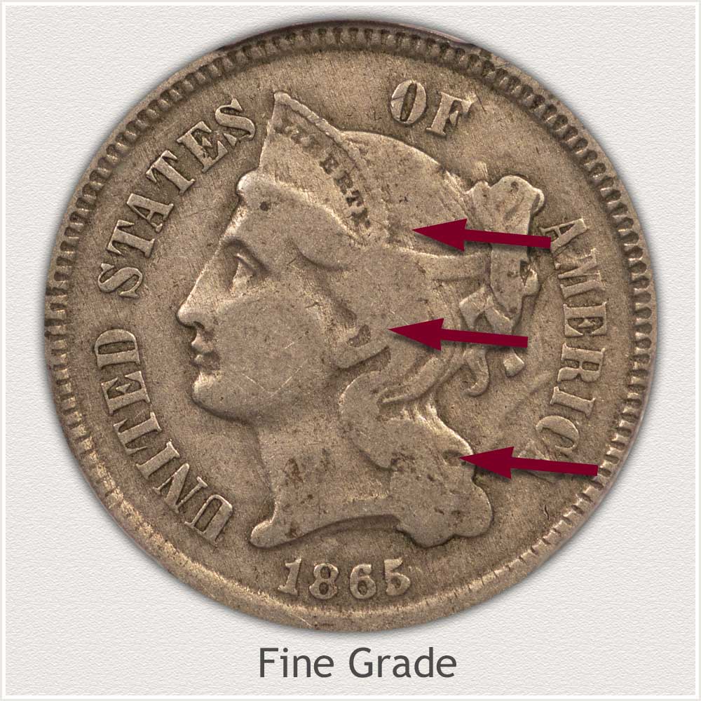 Obverse View: Fine Grade Three Cent Nickel