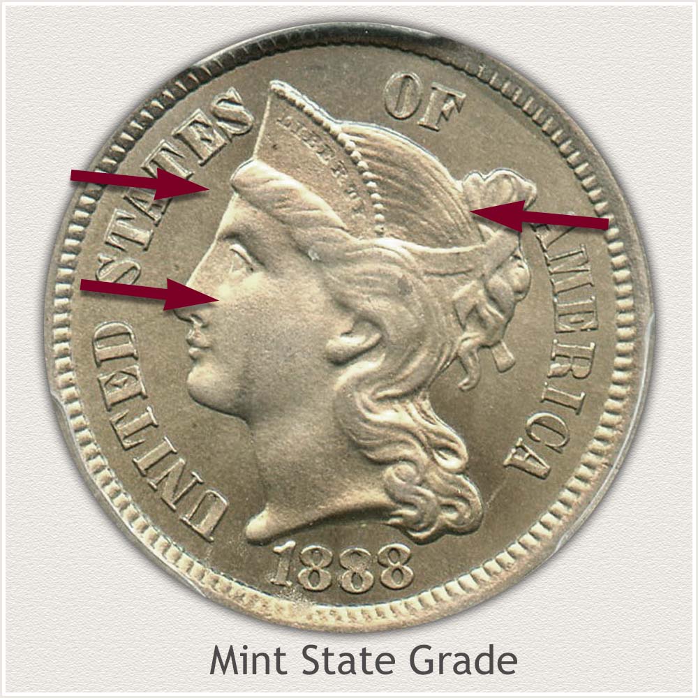 Obverse View: Mint State Grade Three Cent Nickel