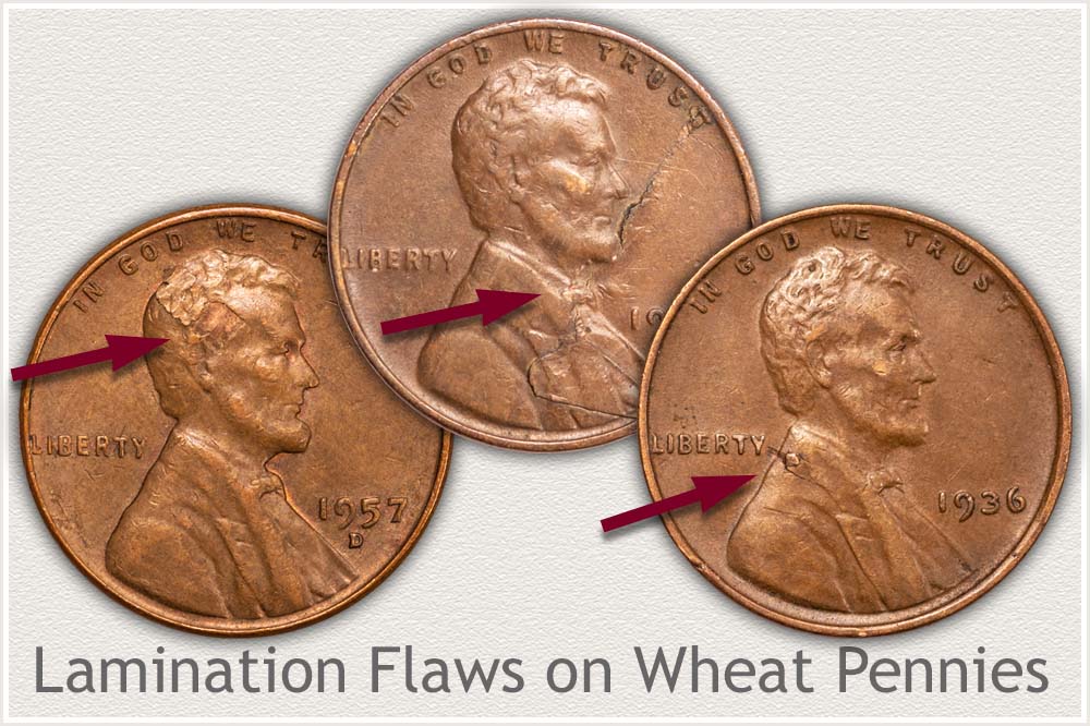 Lamination Flaws on Three Wheat Pennies