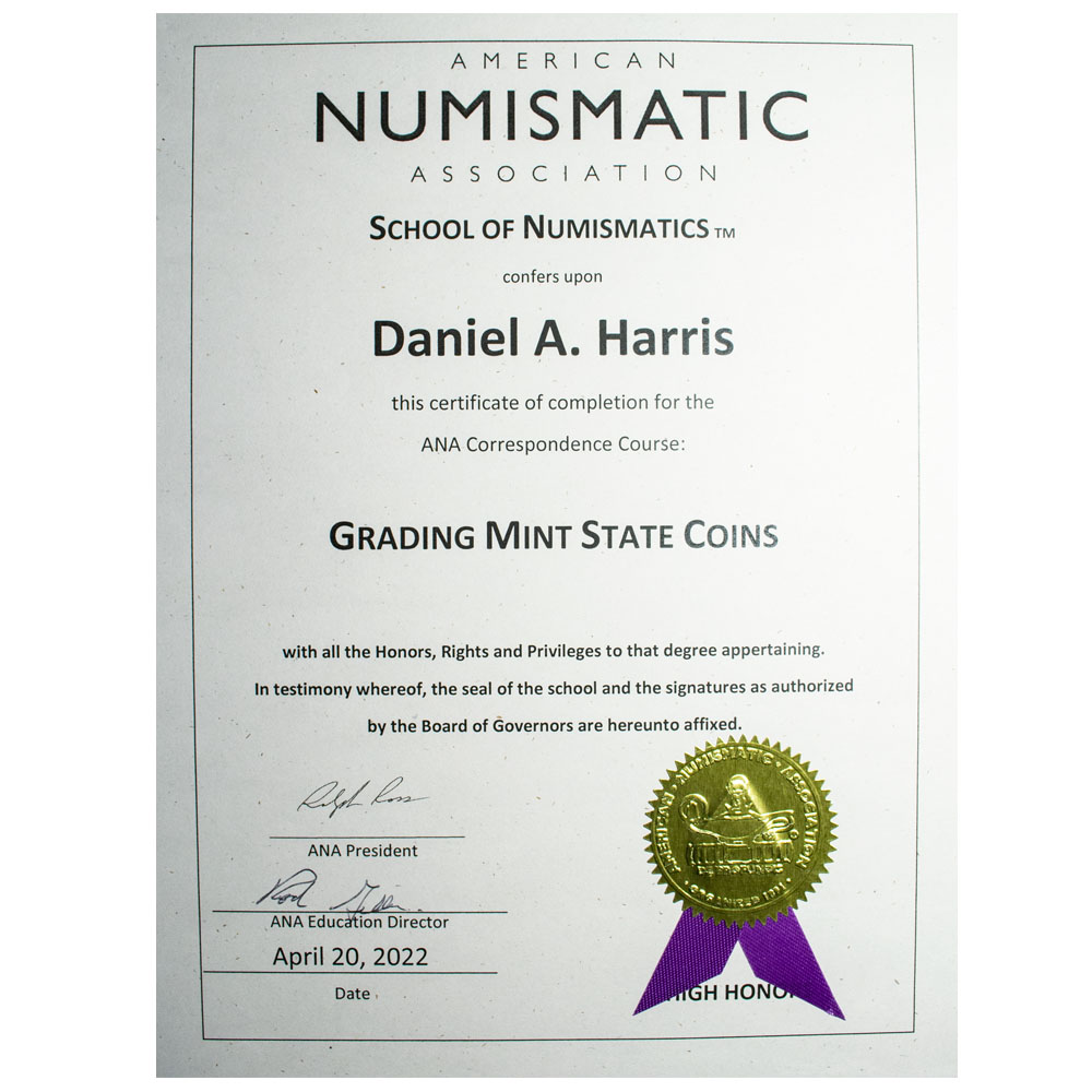 Award Certificate Grading Mint State Coins