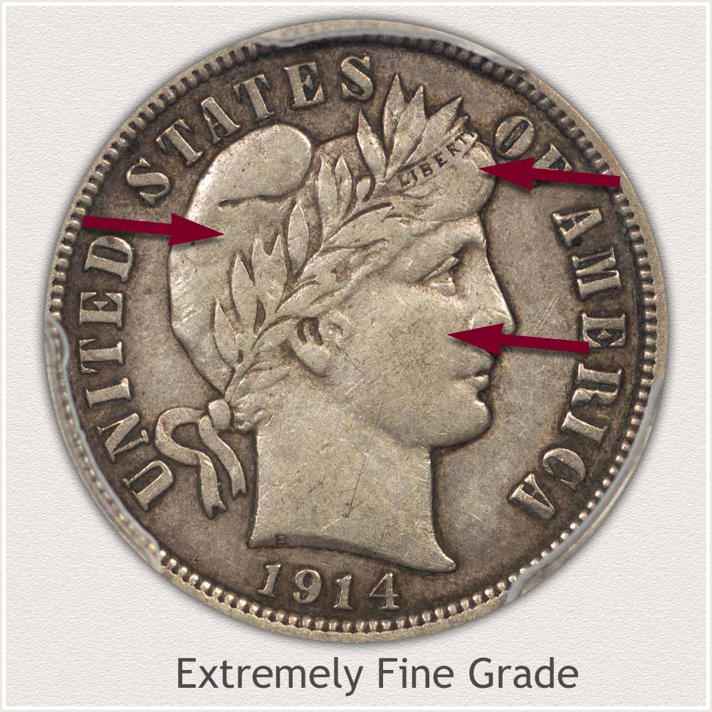 Obverse View: Extremely Fine Grade Barber Dime