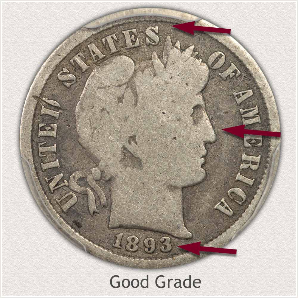 Obverse Barber Dime Pointing to Areas Indicating Good Grade Barber Dime in Good Grade