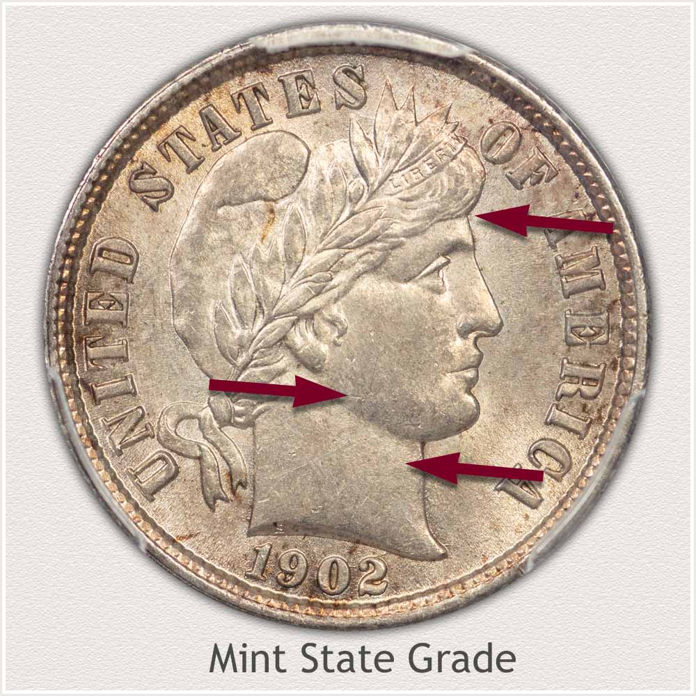 Obverse Barber Dime Showing Areas to Identify Mint State Grade Barber Dime Mint State Grade