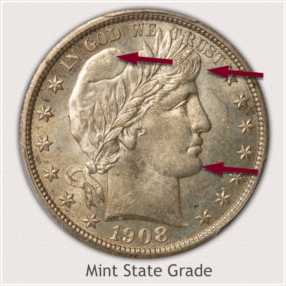 Obverse View: Mint State Grade Barber Half Dollar