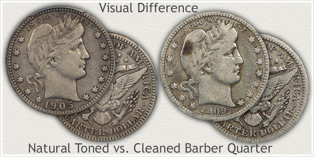 A Natural Toned vs Cleaned Barber Quarter