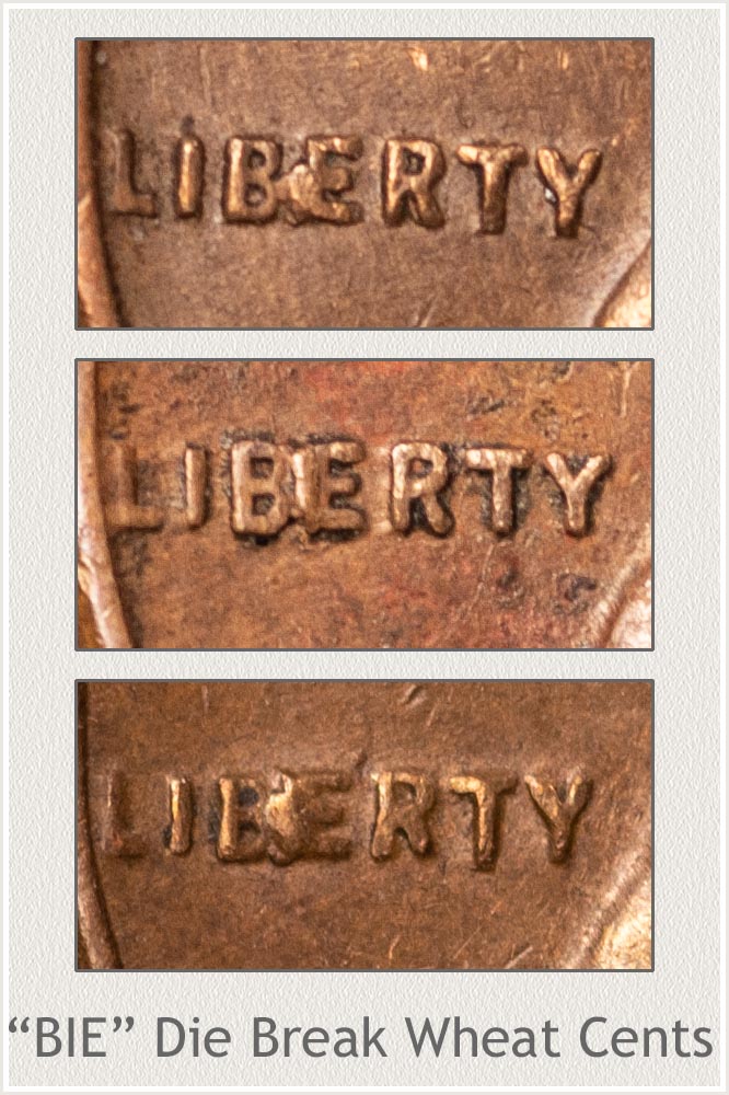 Die Break Within Letters of Liberty on Wheat Cent