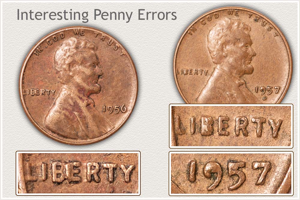 1956 BIE Cent and 1957-D Die Break Cent Examples
