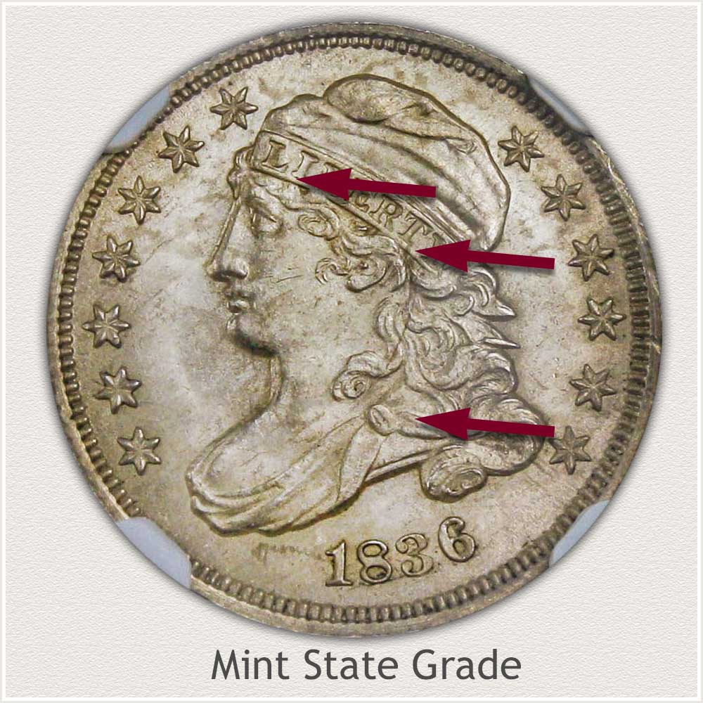 Areas to Inspect on the Obverse to Identify a Capped Bust Dime in Mint State Grade Obverse View: Mint State Grade Capped Bust Dime