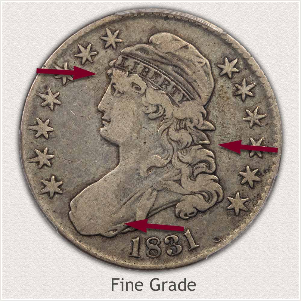 Obverse View: Fine Grade Capped Bust Half Dollar