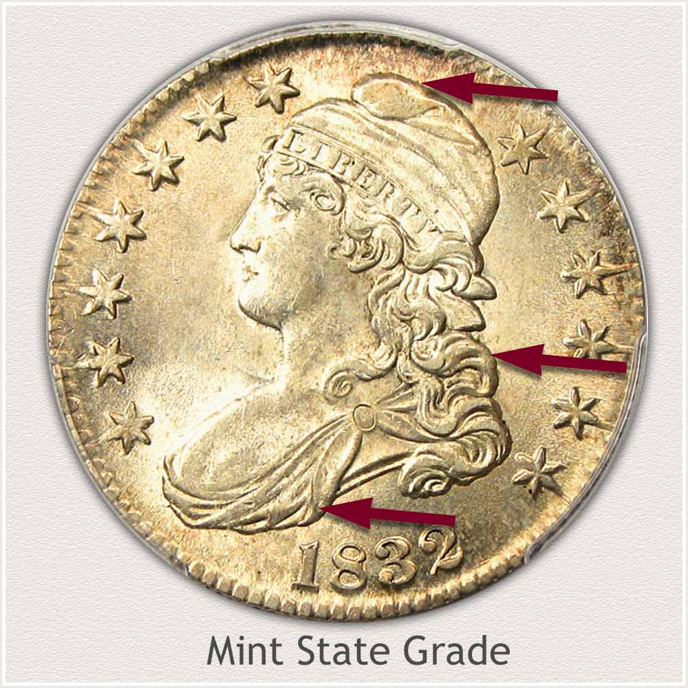 Obverse View: Mint State Grade Capped Bust Half Dollar