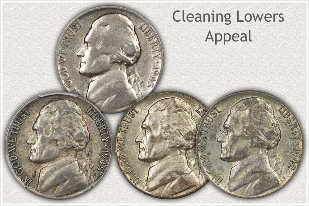 A Cleaned Jefferson Nickel Compared to Non Cleaned Nickels