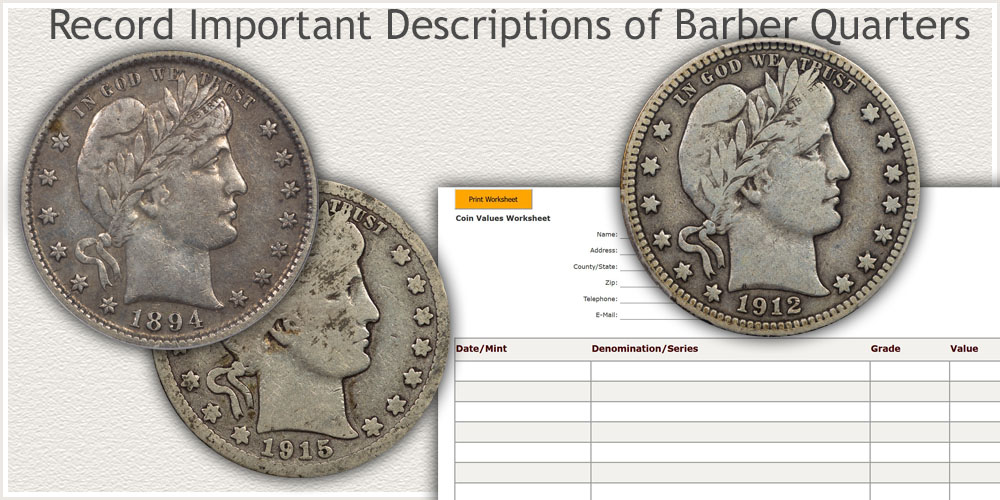 Image of Coin Values Worksheet with Barber Quarters