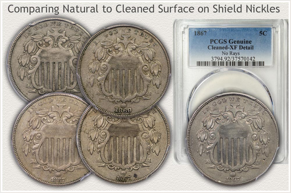 Comparing a Natural to a Cleaned Surface on Shield Nickles