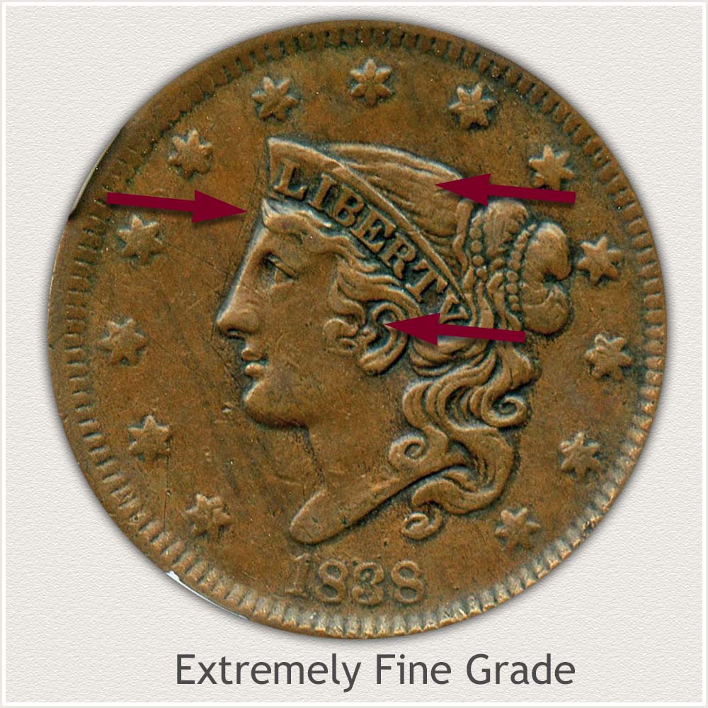 Obverse View: Coronet Head Large Cent Extremely Fine Grade