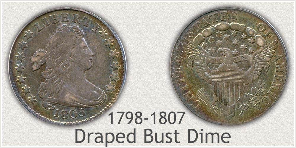 Early Draped Bust Dime Variety Minted 1798 to 1807 Obverse and Reverse of Draped Bust Dime