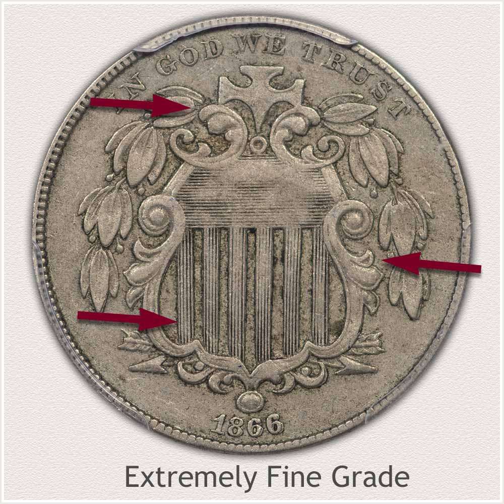 Obverse View of a Shield Nickels in Extremely Fine Grade Condition