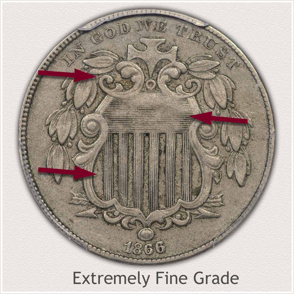 Obverse View of a Shield Nickels in Extremely Fine Grade Condition