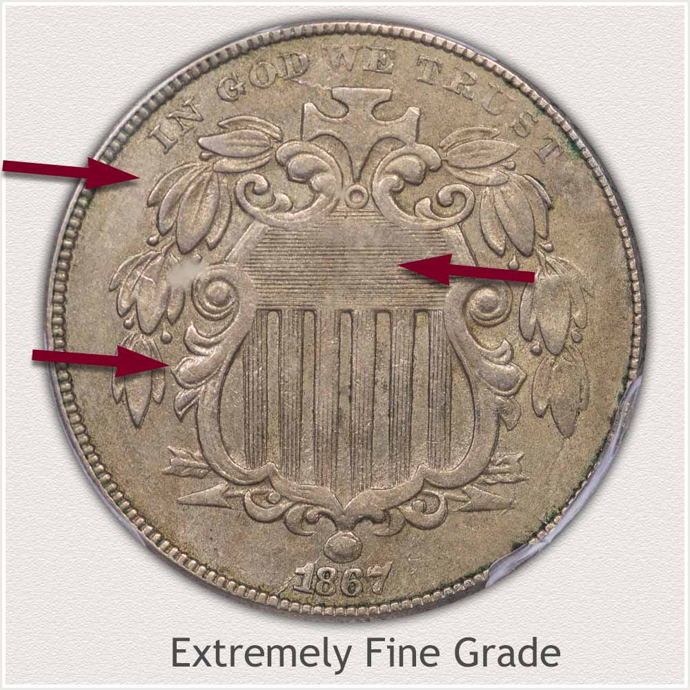 Obverse View of a Shield Nickels in Extremely Fine Grade Condition