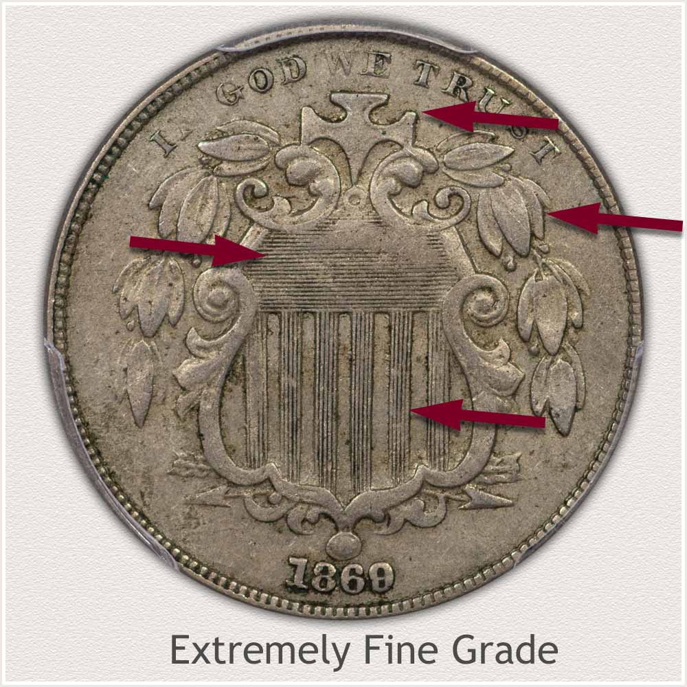 Obverse View of a Shield Nickels in Extremely Fine Grade Condition