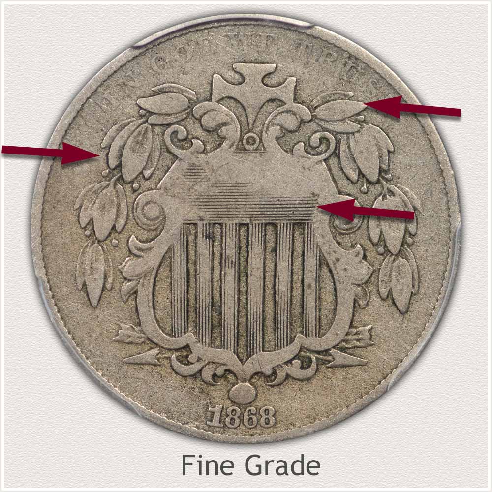 Obverse View of a Shield Nickel in Fine Grade Condition