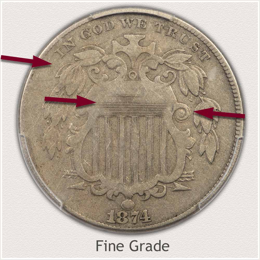 Obverse View of a Shield Nickel in Fine Grade Condition