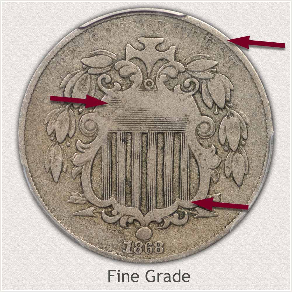 Obverse View of a Shield Nickel in Fine Grade Condition