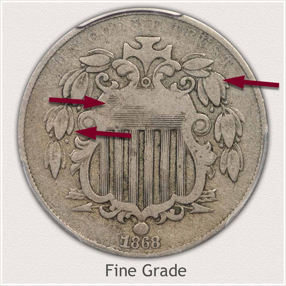 Obverse View of a Professionally Graded Shield Nickel in Fine Grade Condition