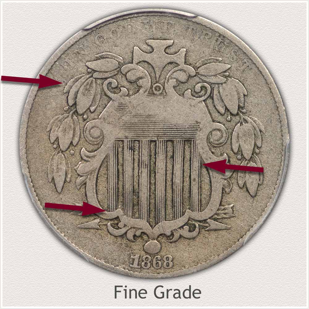 Obverse View of a Professionally Graded Shield Nickel in Fine Grade Condition