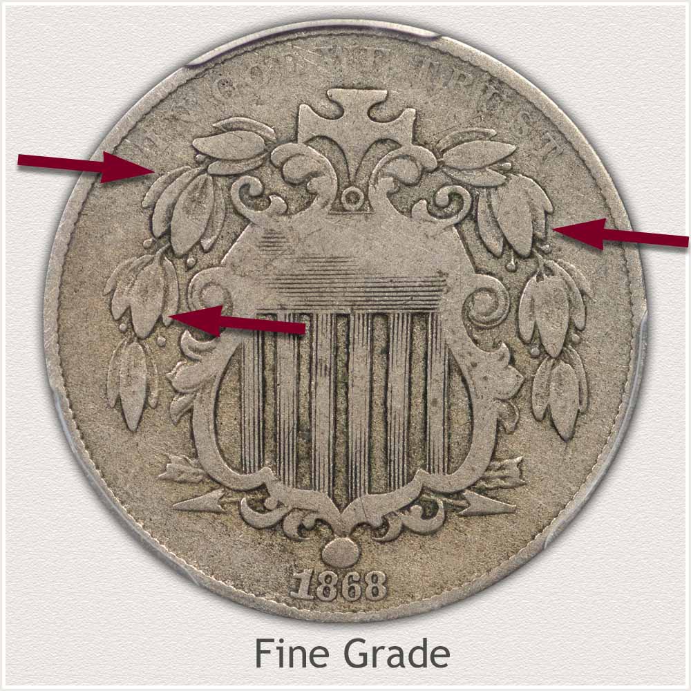 Obverse View of a Shield Nickel in Fine Grade Condition
