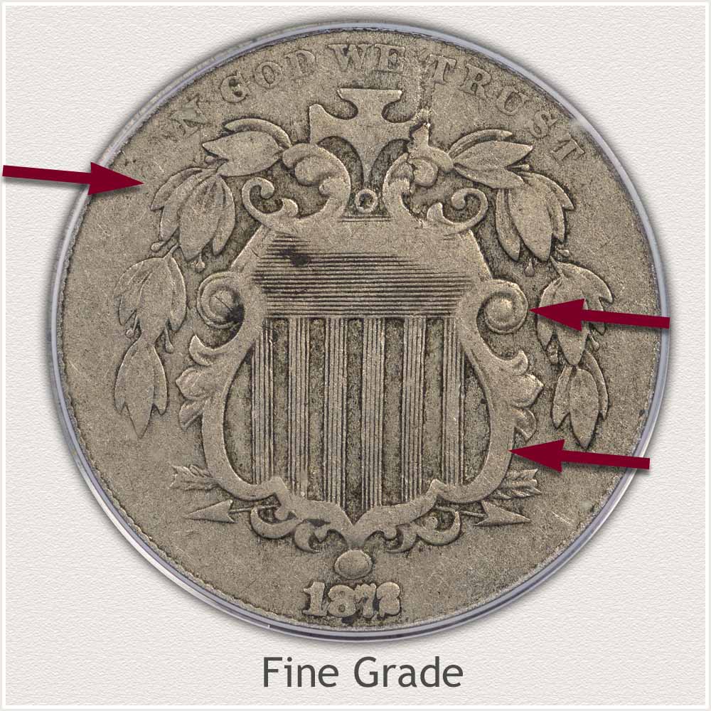 Obverse View of a Professionally Graded Shield Nickel in Fine Grade Condition