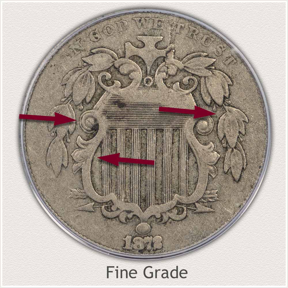 Obverse View of a Professionally Graded Shield Nickel in Fine Grade Condition