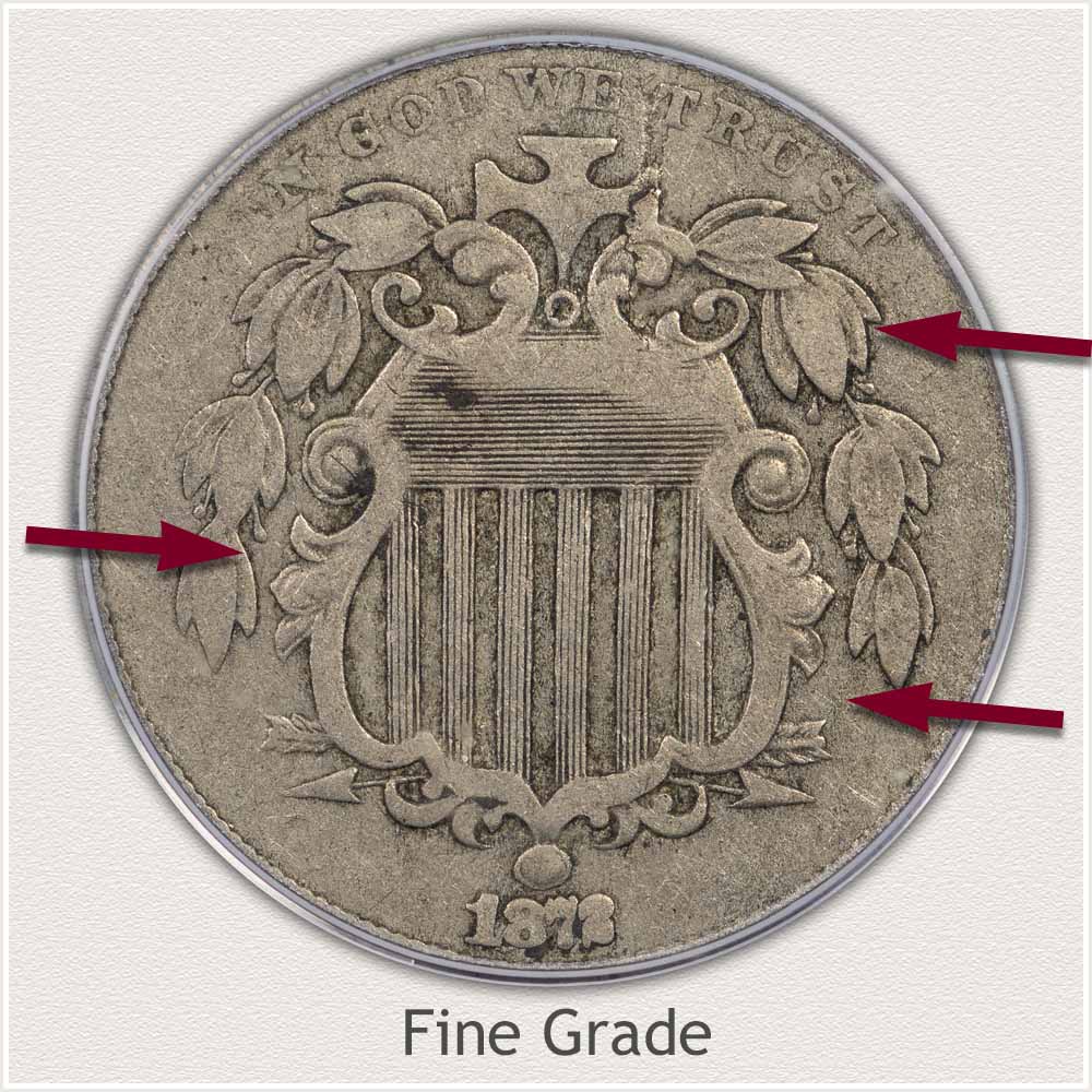Obverse View of a Professionally Graded Shield Nickel in Fine Grade Condition