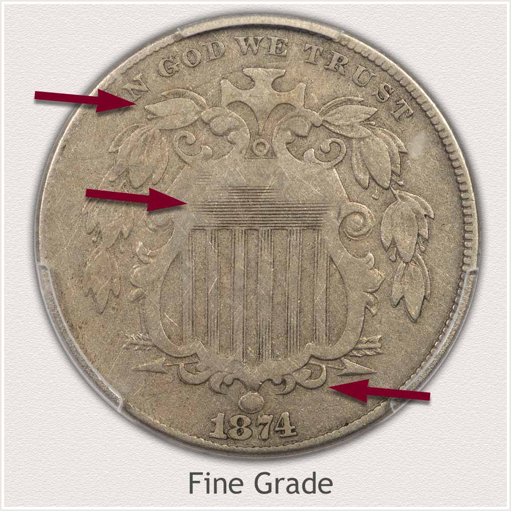 Obverse View of a Shield Nickel in Fine Grade Condition