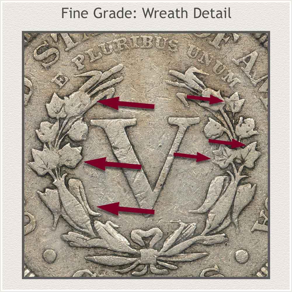 Wreath Detail of a Liberty Nickel in Fine Grade