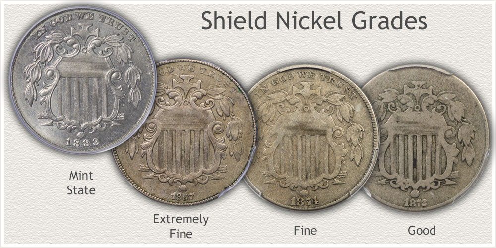 Four Grades of Shield Nickels