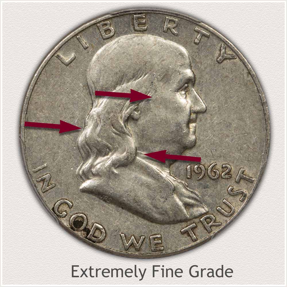 Obverse Franklin Half Dollar Showing Areas Confirming Extremely Fine Grade Extremely Fine Grade Franklin Half Dollar