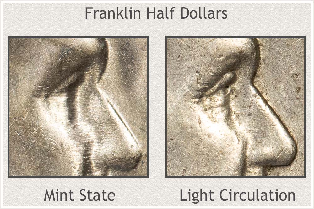 Close-Up of Mint State and Circulated Franklin Half Dollars