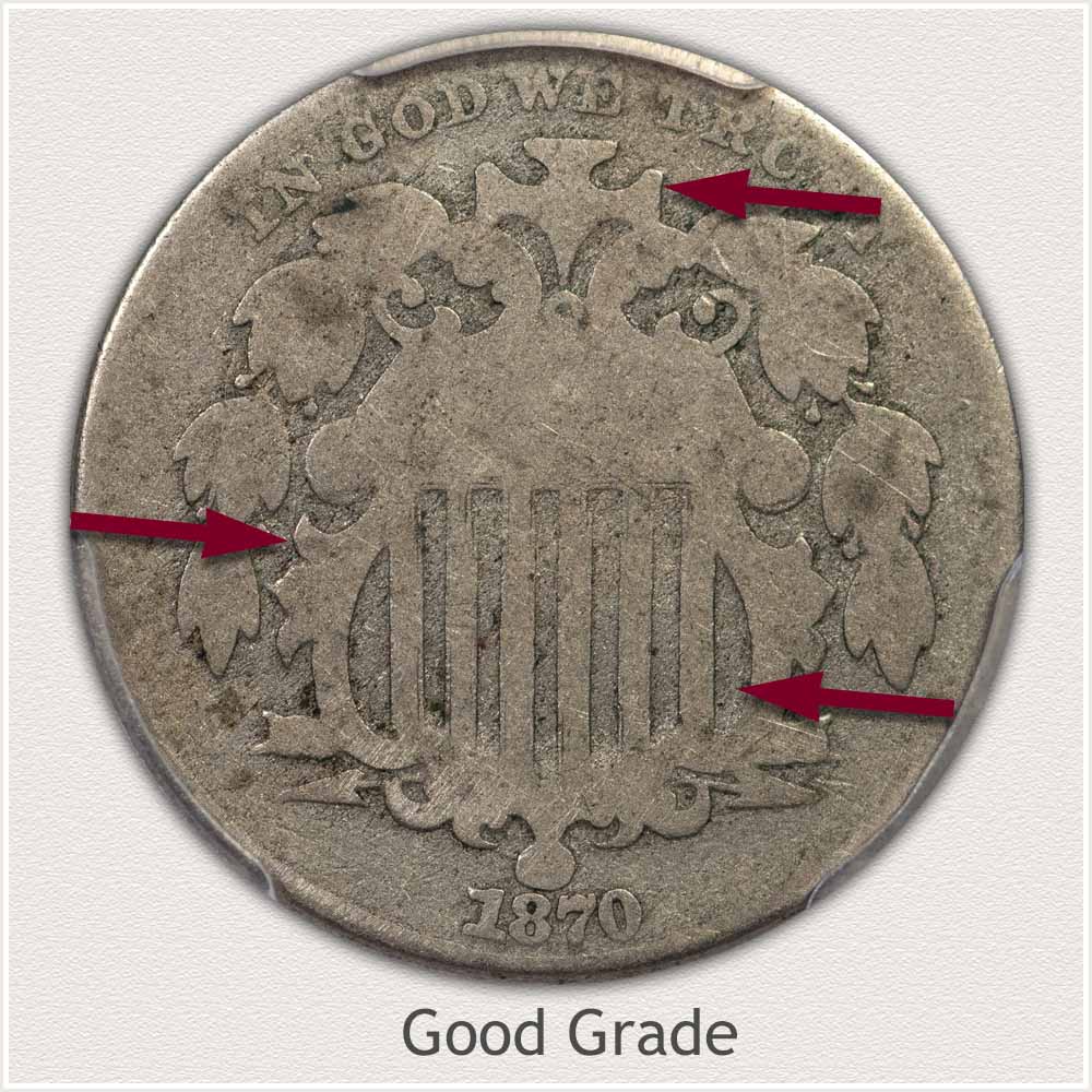 Magnified Obverse View of a Professionally Graded Good Condition Shield Nickel